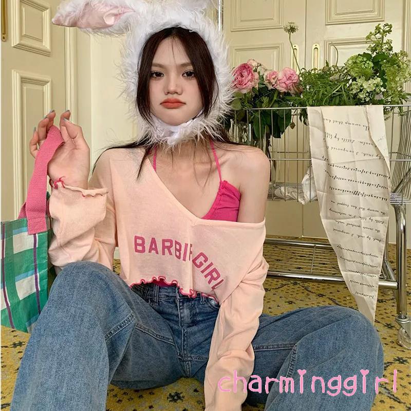 Set Đồ 2 Món Áo Croptop Tay Dài Cổ Yếm In Chữ Thời Trang Cho Nữ