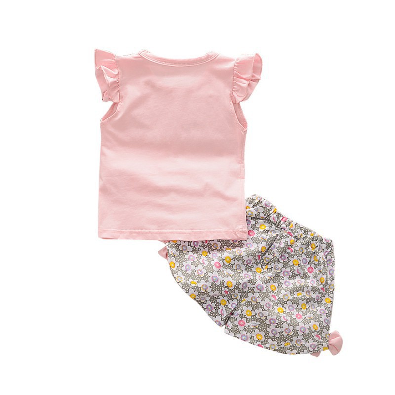 Set áo thun tay bèo &amp; quần short in hoa cho bé gái