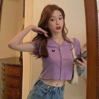 [FREESHIP] ÁO CROPTOP ÔM BODY CÚC CÀI 4 MÀU - ÁO CROPTOP TAY NGẮN TÔN DÁNG CHẤT THUN KIỂU CROPTOP CỔ V
