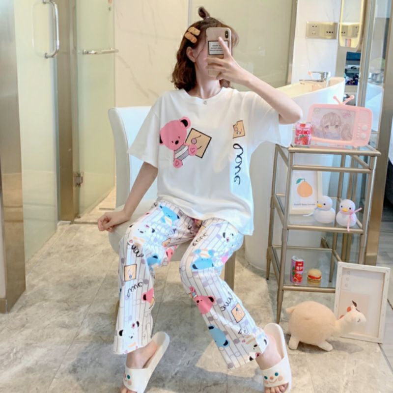 [ SẴN]Đồ bộ thun quần dài, đồ mặc ở nhà Quảng Châu, họa tiết hoạt hình gấu dễ thương