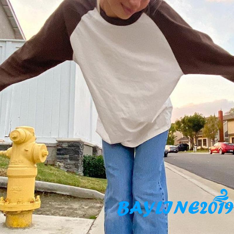 Áo thun tay dài cổ tròn màu sắc thời trang cho nữ