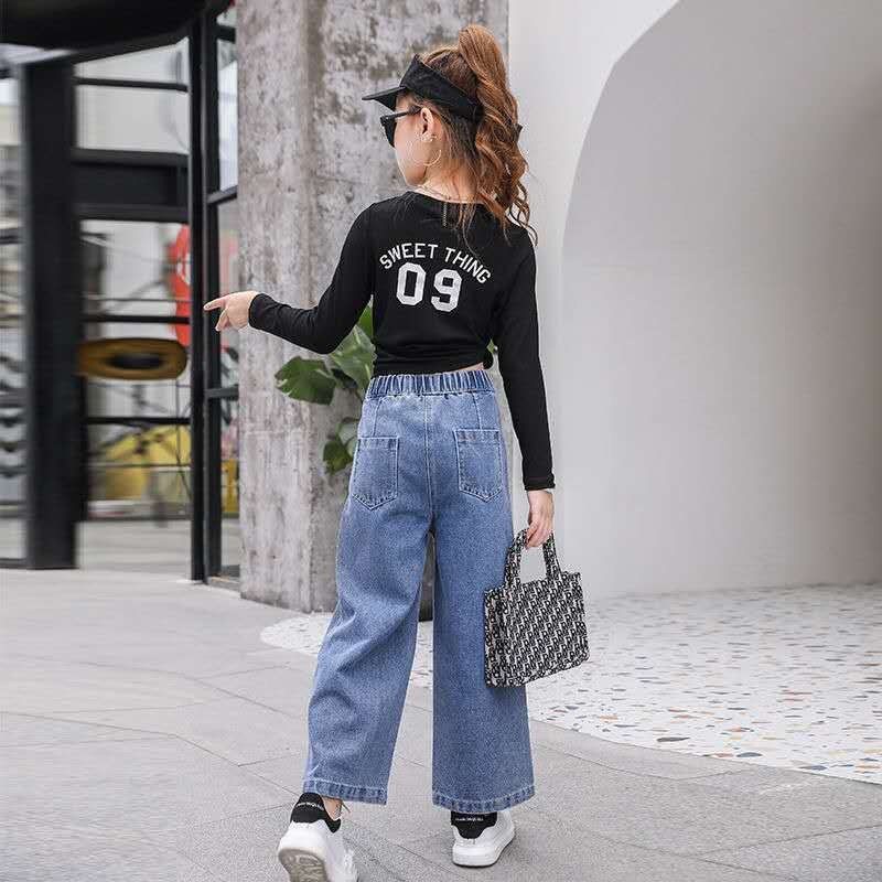 Quần jeans ống rộng phong cách Hàn Quốc cho bé gái