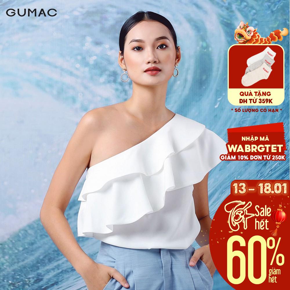 [Mã WABRGUM giảm 10% tối đa 30K đơn 99K] Áo kiểu nữ GUMAC lệch vai 2 tầng, màu trắng đủ size AA12106