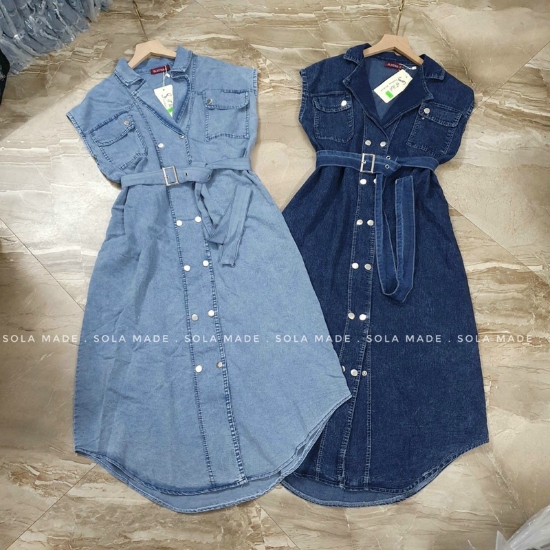 Váy bò kèm belt dáng dài siêu xinh, Đầm jean sát nách túi ngực siêu hot