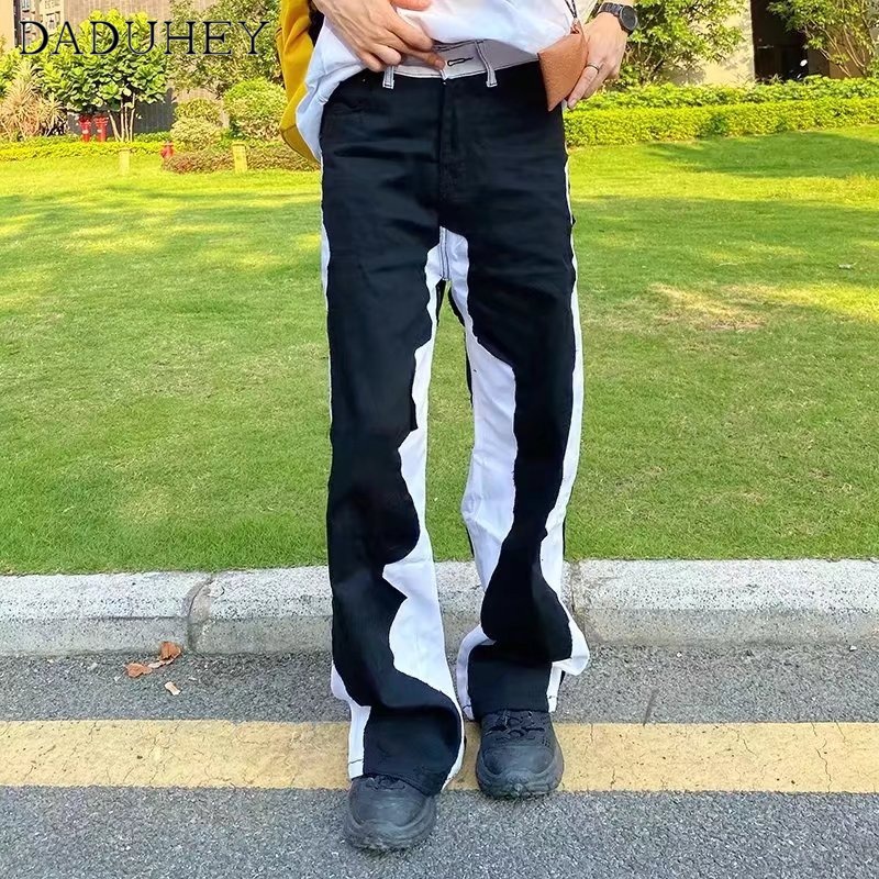 DaDuHey Men's Summer New Patchwork Jeans Trendy Fashion Straight Loose Wide Leg Pants