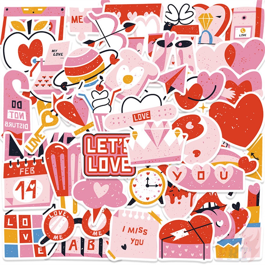 ❉ Nhãn Dán Màu Hồng Love Series 01 ❉ Bộ 50 Sticker Chống Thấm Nước Họa Tiết Doodle Hợp Thời Trang
