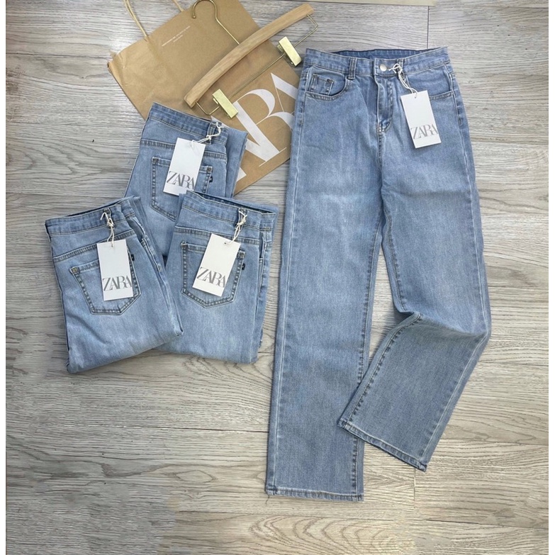 quần jean dài suông ống rộng Quần jeans dãn dáng xuông ống đứng màu xanh