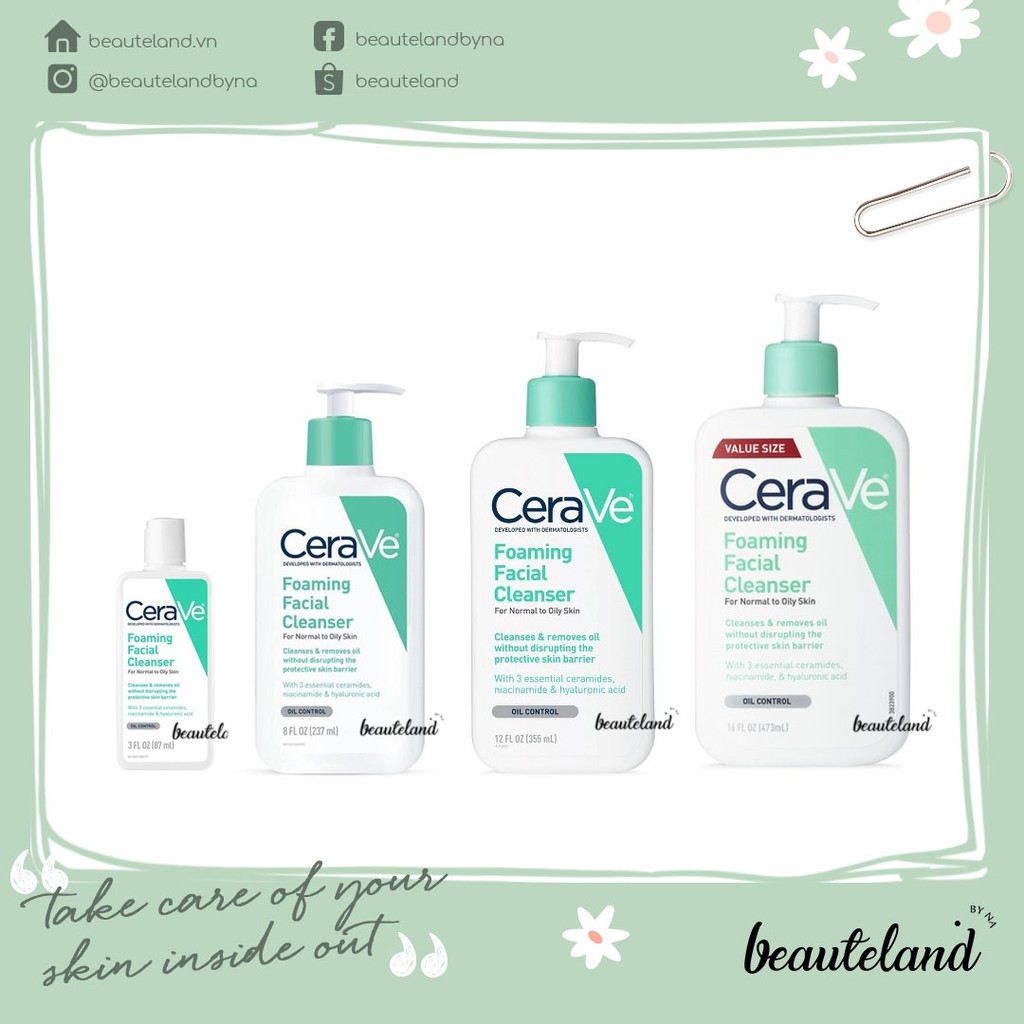 Sữa rửa mặt cho da dầu, hỗn hợp dầu Cerave Foaming Facial Cleanser (87ml/355ml/473ml)