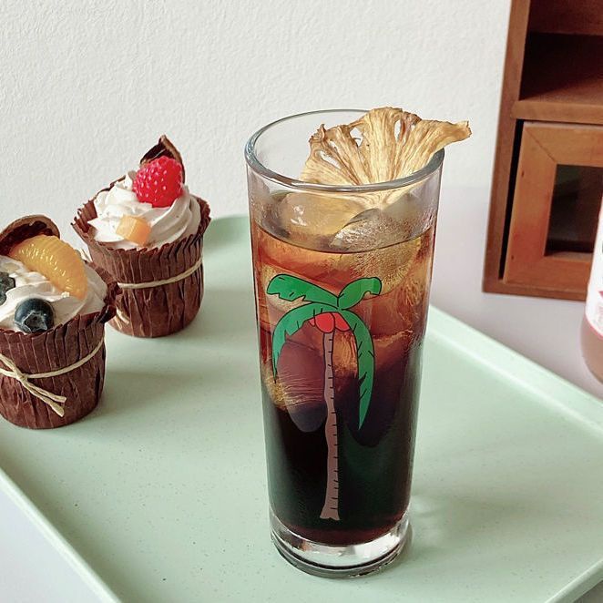 Cốc Thủy Tinh Chịu Nhiệt In Hình Cây Dừa Độc Đáo Tiện Dụng