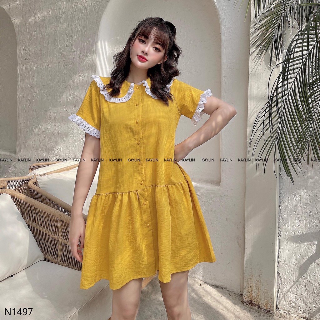 Váy Đầm Suông Phối Bèo Chạy Ren,Tay Ngắn Cài Nút Chất Liệu Umi Mẫu Free Size Dưới 56kg,Phù Hợp Mọi Với Mọi Phong Cách