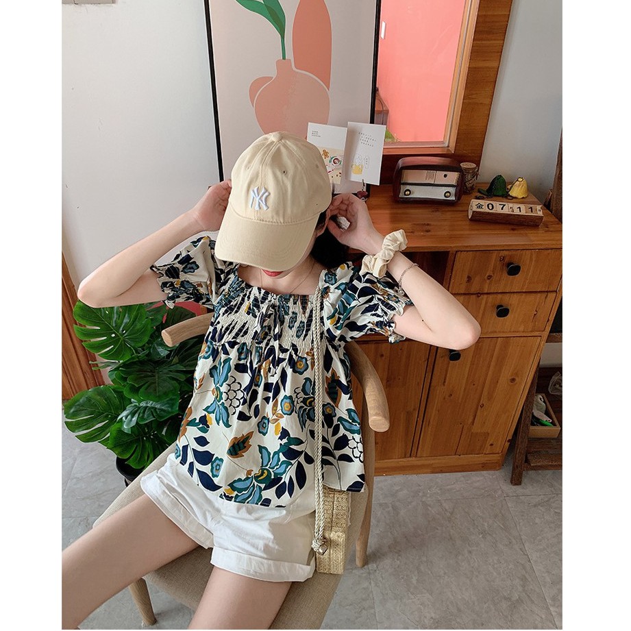 [GIÁ SỐC] Áo croptop nữ họa tiết hoa phong cách croptop cổ vuông ngắn tay, tay phồng búp bê