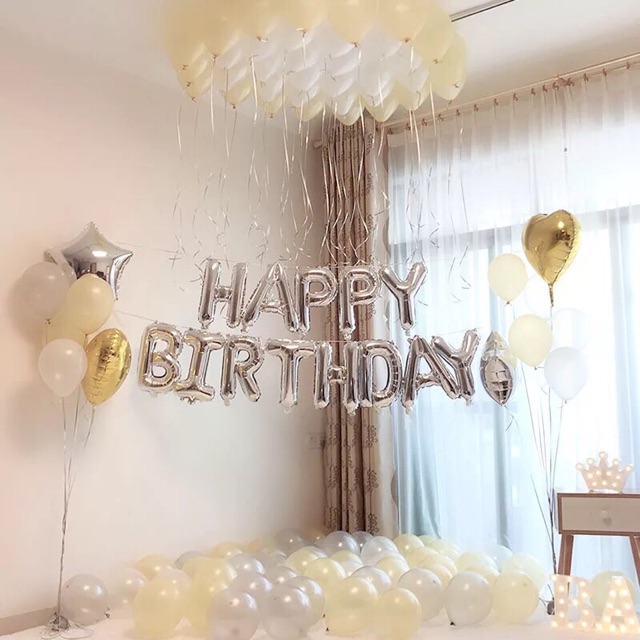 Set chữ happy birthday+ 50 bóng nhũ+ keo bơm