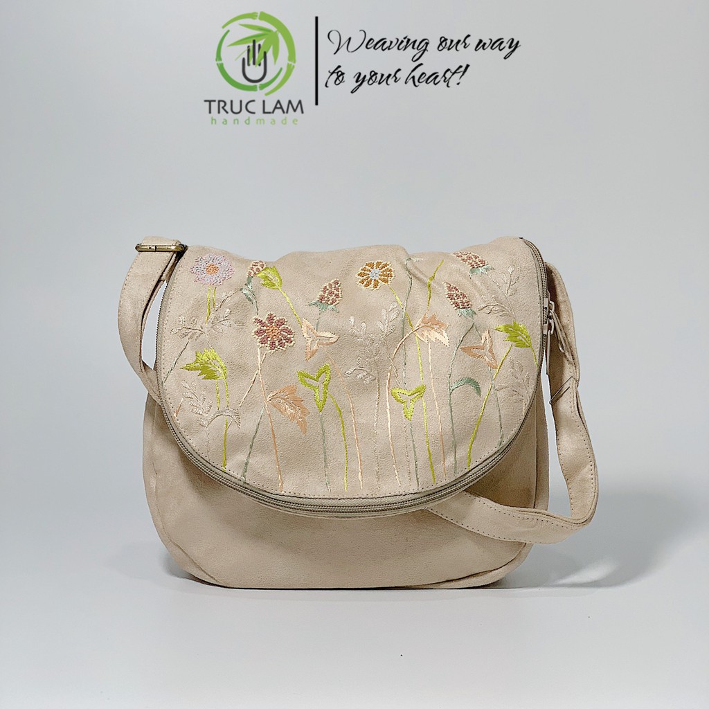 Túi Đeo Chéo Thời Trang Nữ Vải Da Lộn Thêu Tay Họa Tiết Cành Hoa (A) - Trúc Lâm Handmade