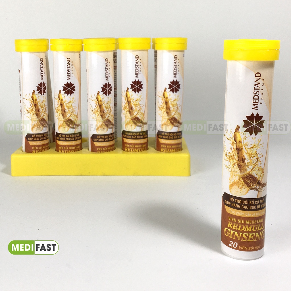 Viên sủi giảm mệt mỏi từ nhân sâm và vitamin Medstand  Redmull Ginseng tuýp 20 viên tăng sức đề kháng giảm stress