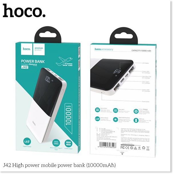 Pin sạc dự phòng Hoco J42 10.000 mAh sạc được 2 thiết bị cùng lúc, màn hinh hiển thị thông số, đầu vào Micro-USB/Type-C