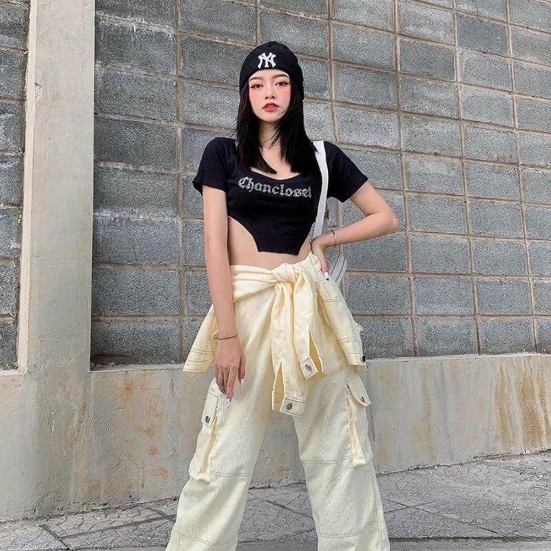 áo croptop khoét eo CATHANG8 tay ngắn đính đá sang chảnh