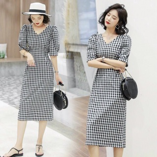 Đầm caro body cổ v tay phồng m l xl
