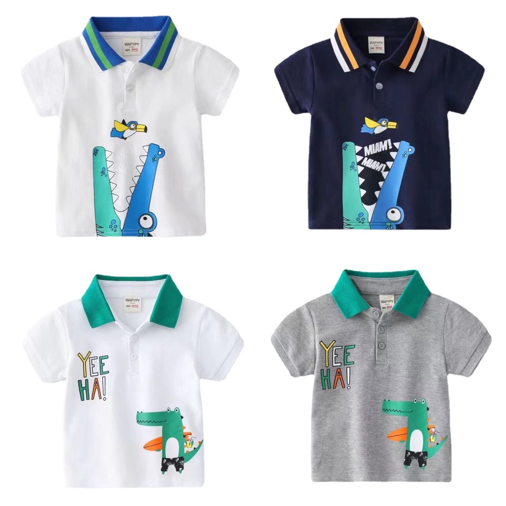 Áo thun polo SOFFNY tay ngắn in họa tiết hoạt hình bằng cotton thời trang mùa hè cho bé trai