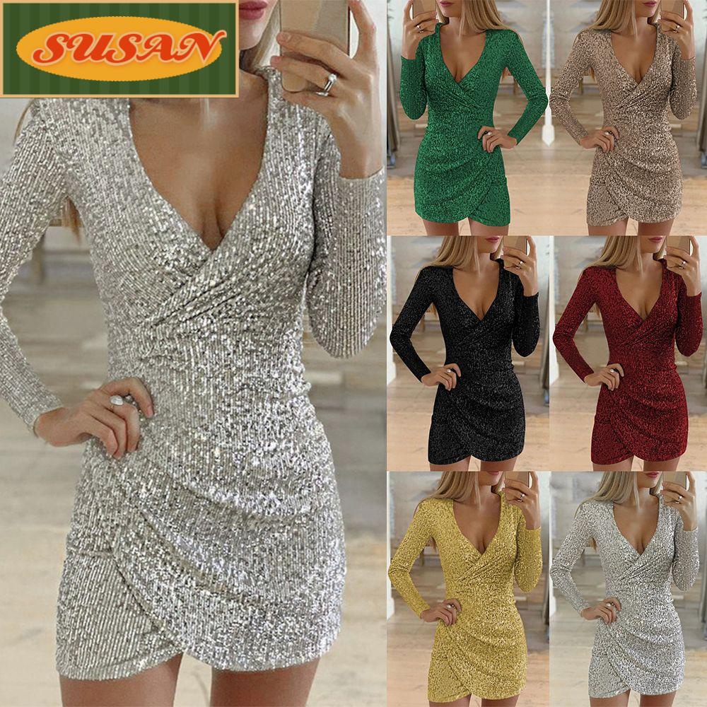 Đầm Dự Tiệc Mini Cổ Chữ V Đính Kim Sa Lấp Lánh Plus Size