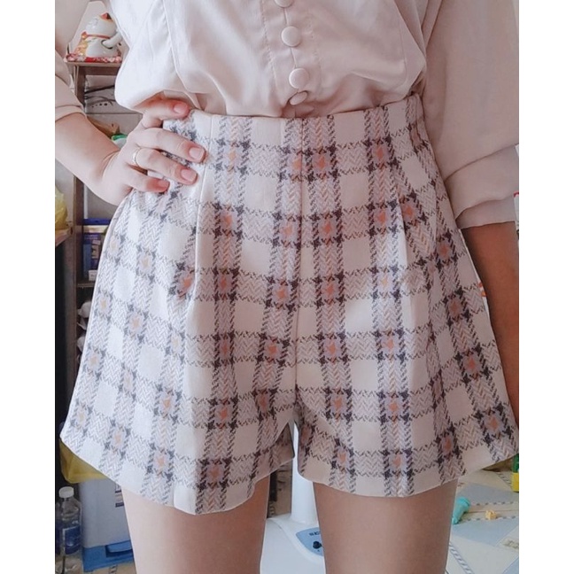 Quần short nữ vải dạ caro dáng chữ A siêu mềm mịn cạp cao