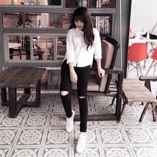 (Size 32-36) Quần Jean Nữ Bigsize Đen Trơn/ Rách Gối - Lưng Siêu Cao, Co Giãn Mạnh