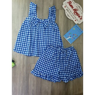 Bộ lụa 2 dây cao cấp họa tiết caro phối nơ ngực cực dễ thương