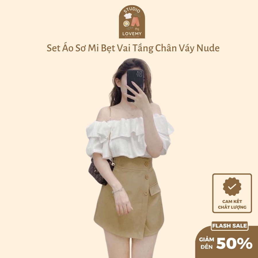 Sét Áo Sơ Mi Bẹt Vai Tầng+chân Váy Nude Đắp🥰