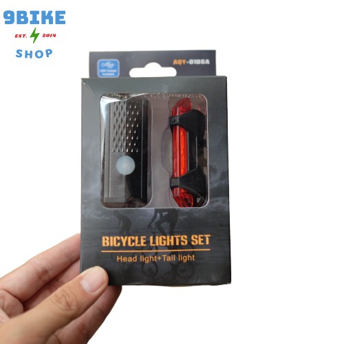 Đèn led xe đạp combo trước sau sạc USB AQY-0108A đèn sau sáng đỏ