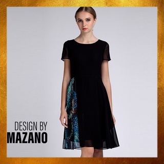 Váy đầm đen xòe phối họa tiết chính hãng Mazano