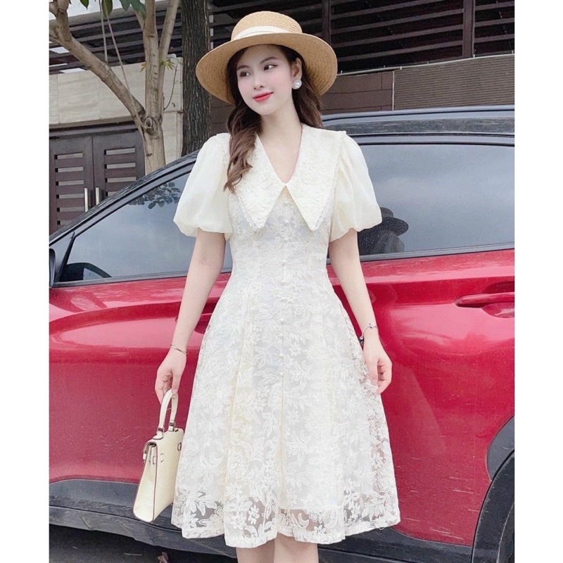 Váy ren xoè cổ sen thanh lịch _ Hàng thiết kế cao cấp