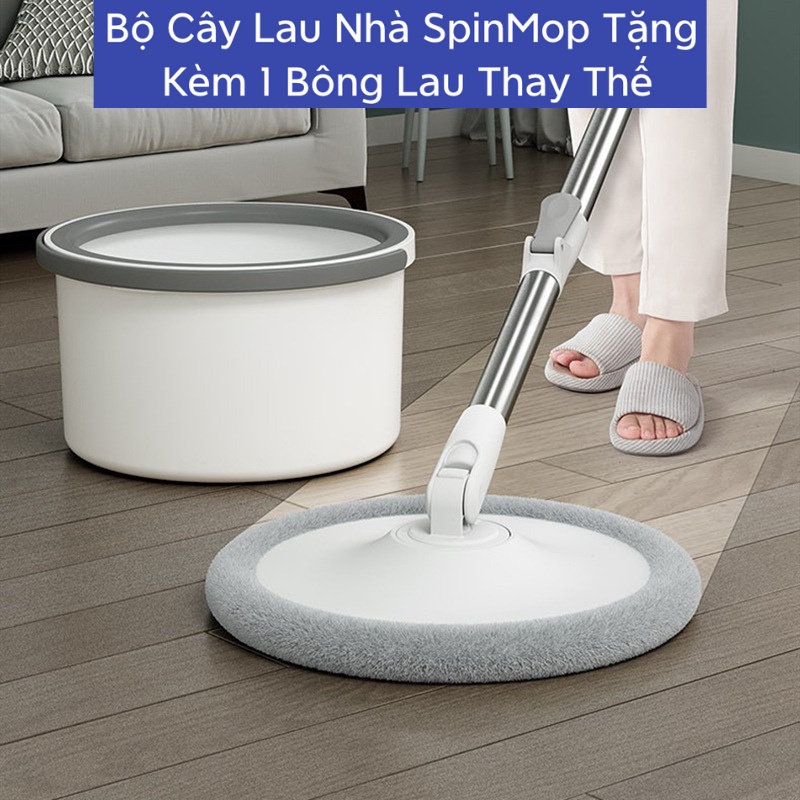 [Siêu HOT] Bộ Cây Lau Nhà Thông Minh Có Thùng Vắt Xoay Tròn Nhựa PP, Cán Inox Dài 134cm, 2 Miếng lau 25cm