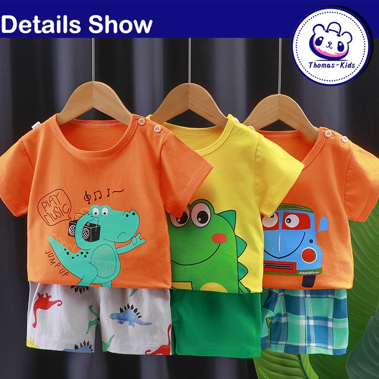 Set Đồ 2 Món Gồm Áo Thun Cotton Tay Cộc In Họa Tiết Khủng Long Hoạt Hình + Quần Ngắn Thời Trang Cho Bé Trai Và Gái 1-5 Tuổi