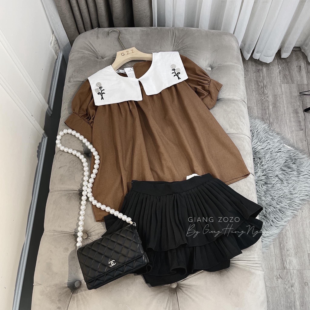 Áo Babydoll Nâu Cổ Thủy Thủ Thêu Hoa Trắng - Áo Nữ Babydoll Phối Màu Nâu Tây Cổ Bèo Trắng Vintage