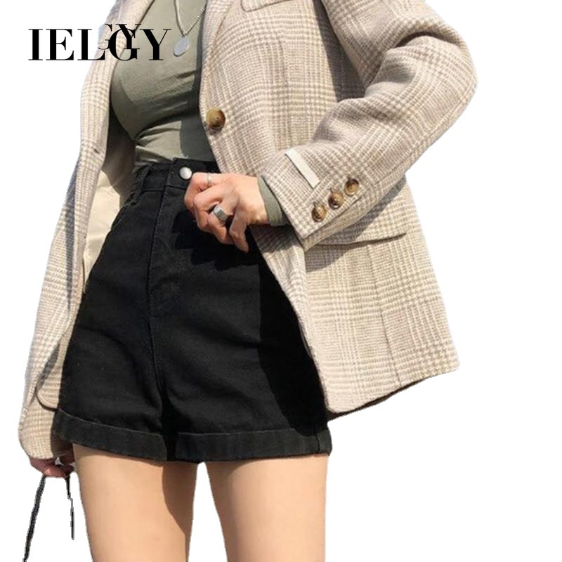 Quần short denim IELGY lưng cao dáng ôm viền gấp cuộn màu đen dành cho nữ