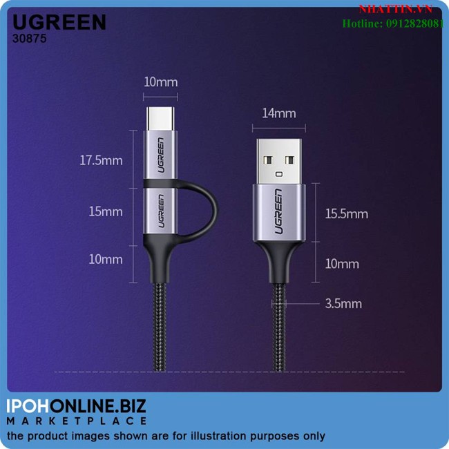 Cáp sạc, dữ liệu 2 in 1 USB A sang USB Micro + Type-C dài 1M Ugreen 30875 cao cấp