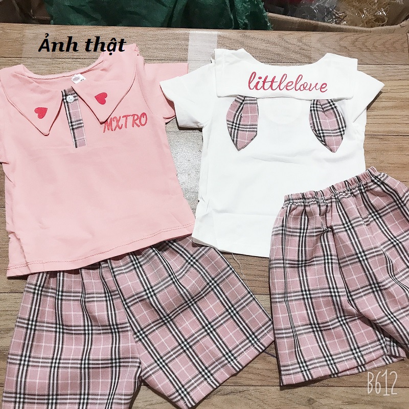 Bộ bé gái cotton cổ tim tai thỏ kèm quần sooc kẻ XHN888