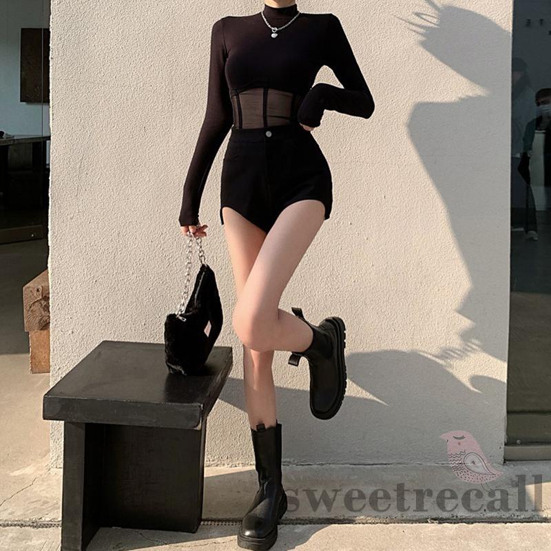 Áo Thun Tay Dài Cổ Cao Phối Lưới Màu Đen Thời Trang Mùa Thu Cho Nữ