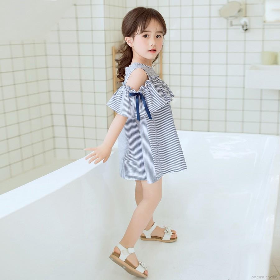 Đầm kẻ sọc thắt nơ + băng buộc đầu cho bé gái