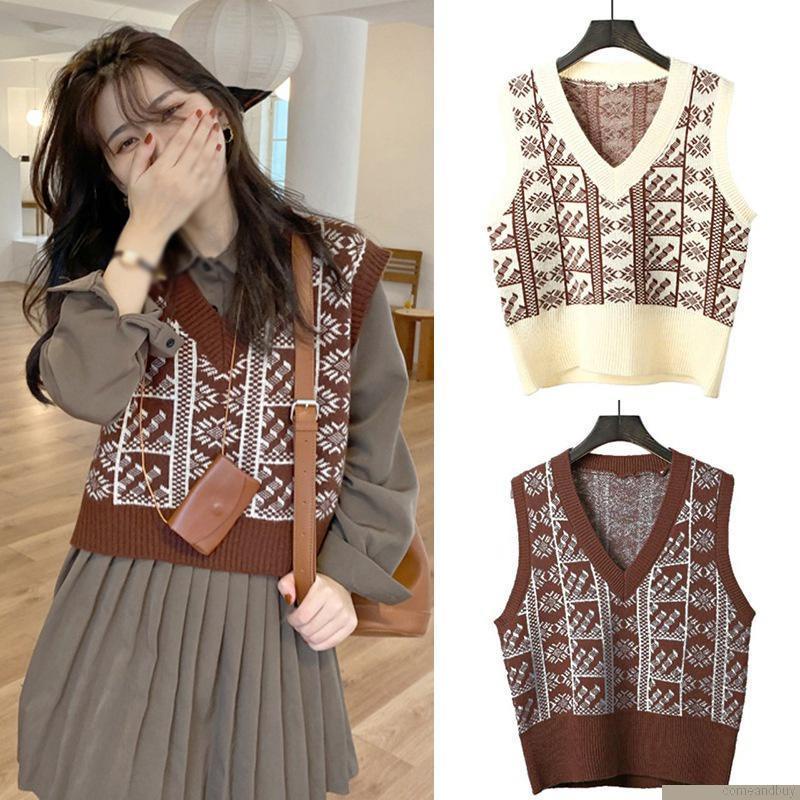 Áo dệt kim sát nách cổ chữ v phối màu tương phản phong cách retro cho nữ
