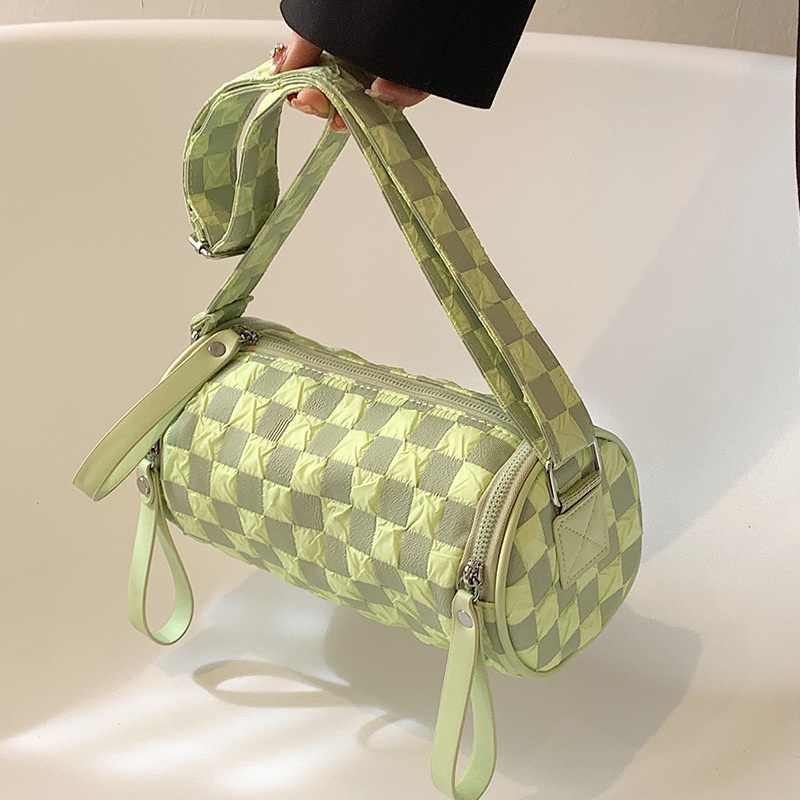 Túi đeo vai IELGY thiết kế hình trụ họa tiết sọc ca rô thời trang trẻ trung dành cho nữ