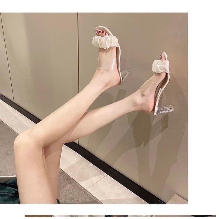 Guốc dép nữ quai trong viền lụa đế pha lê 7cm