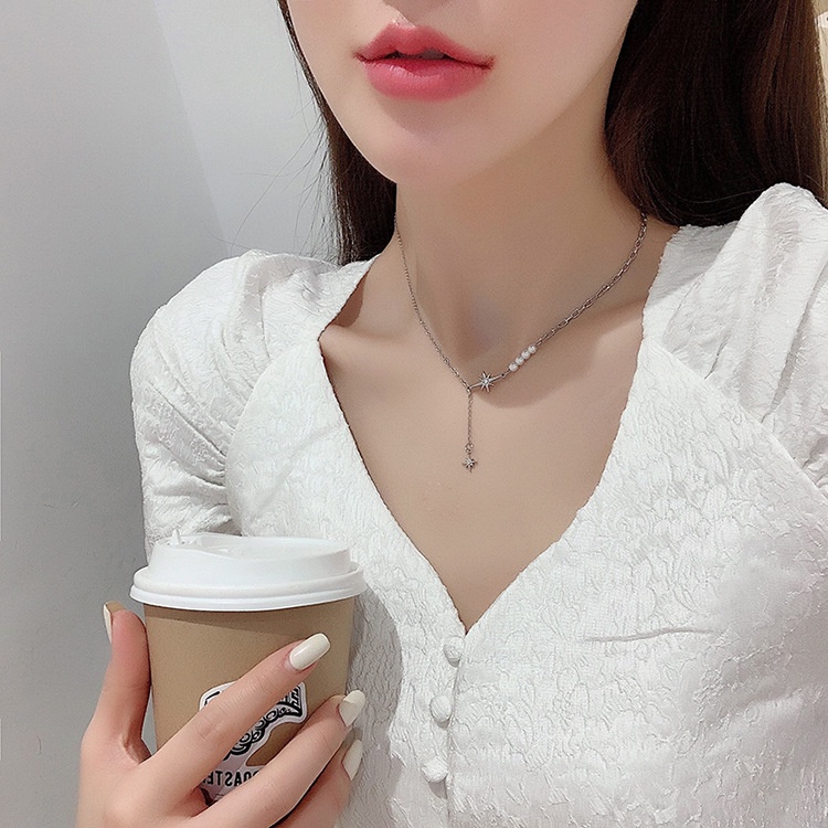 Vòng cổ choker bạc dây xích bất đối xứng gắn hạt trai mặt ngôi sao VC001 Leous Accessories