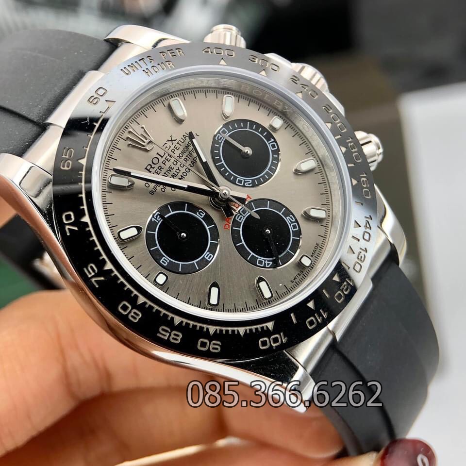 Đồng hồ nam Rolex cơ Automatic Máy Nhật mẫu 3 nút màu xám dây cao su số DẠ QUANG size 41-42mm