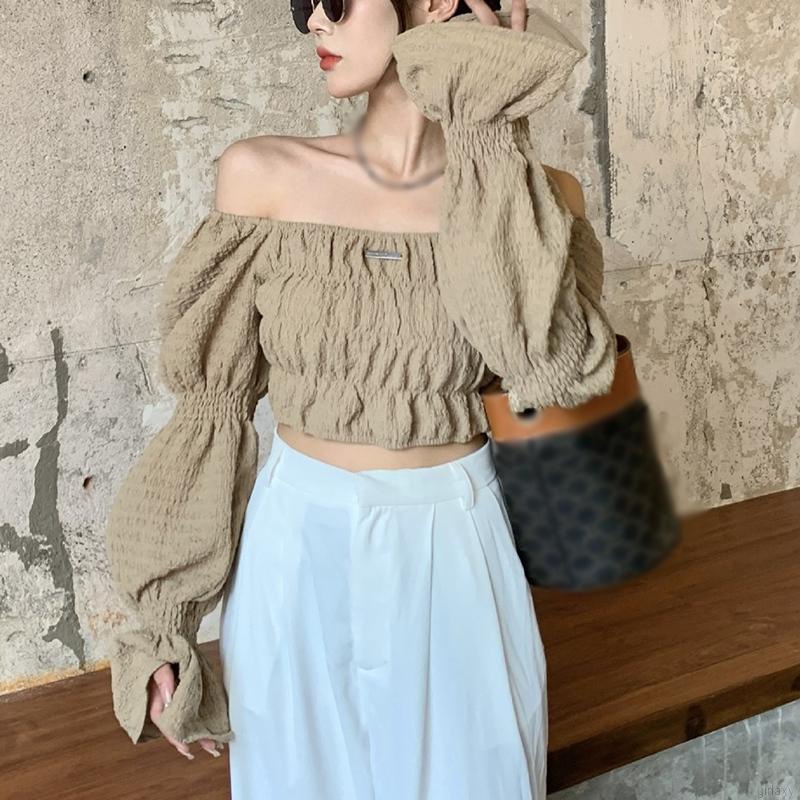 Áo croptop trễ vai tay dài phong cách thời trang Hàn Quốc dành cho bạn nữ