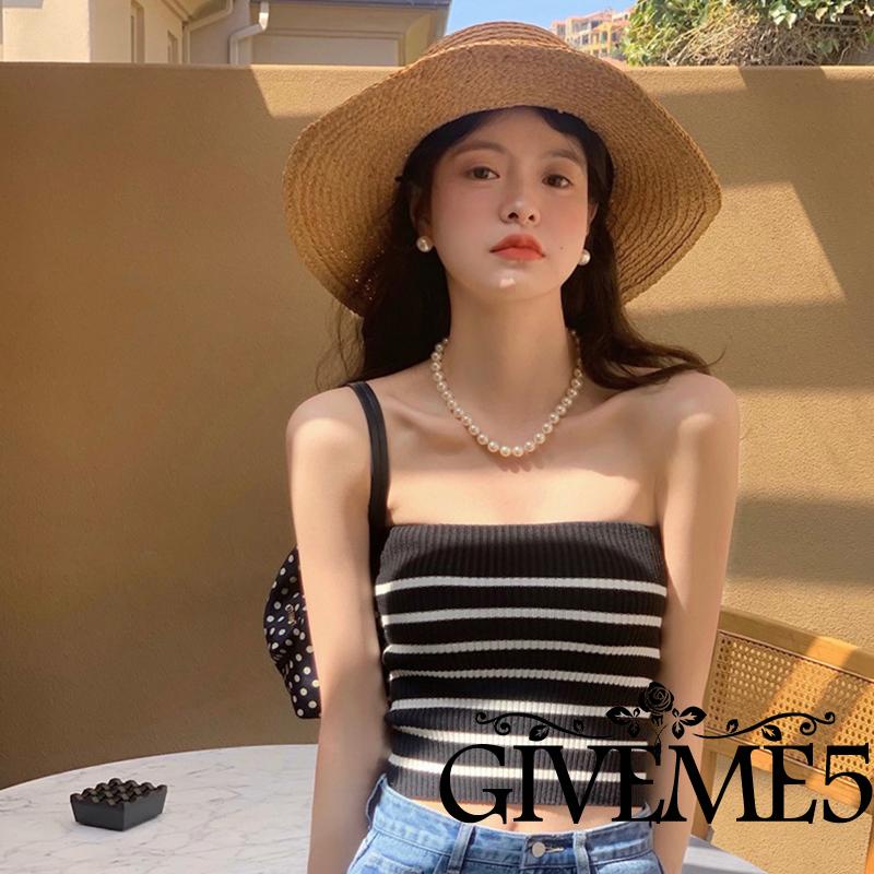 GIVEME-Women´s Sleeveless Casual Horizontal Stripes Pattern Knitted  Slim-Fit Strapless TubeTops