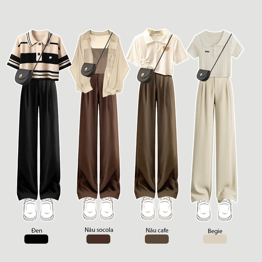 Quần ống suông rộng lưng cạp cao Qthouse , quần tây âu nữ vải culottes lưng thun co giãn