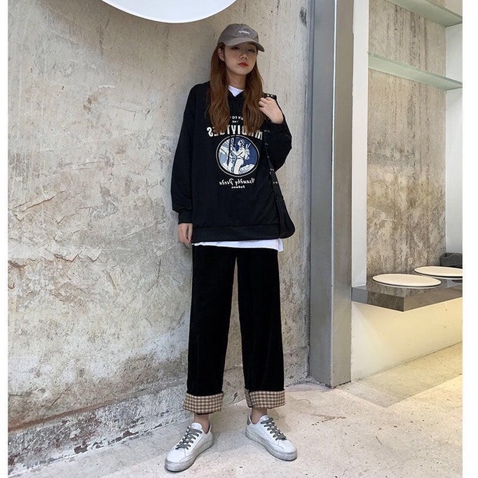 Xiaozhainv Quần dài ống rộng họa tiết caro thời trang phong cách Hàn Quốc cho nữ