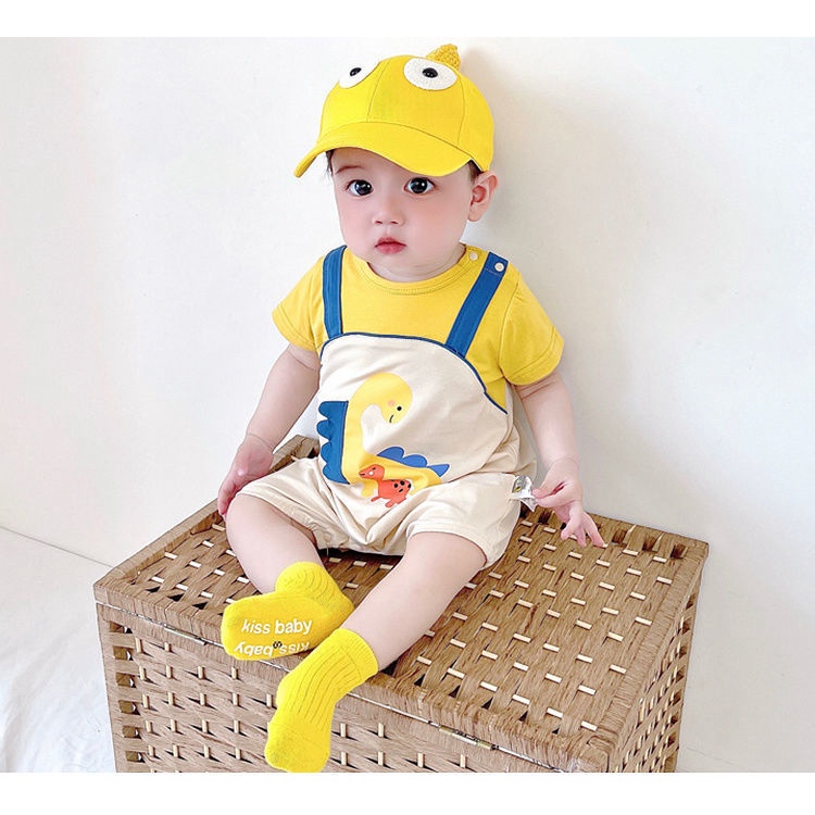 Áo Liền Quần Bằng Cotton Tay Ngắn In Hình Khủng Long Hoạt Hình Dành Cho Bé Trai Gái 0-18 Tháng Tuổi