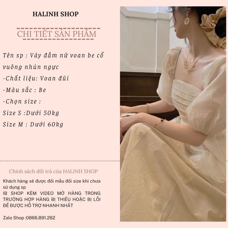 Váy Đầm Nữ Be Nhún Ngực Tay Phồng - Halinh Shop - Váy Cổ Vuông Tay Phồng Dáng Xoè 2 Lớp Mặc Hè Thu đủ size S M