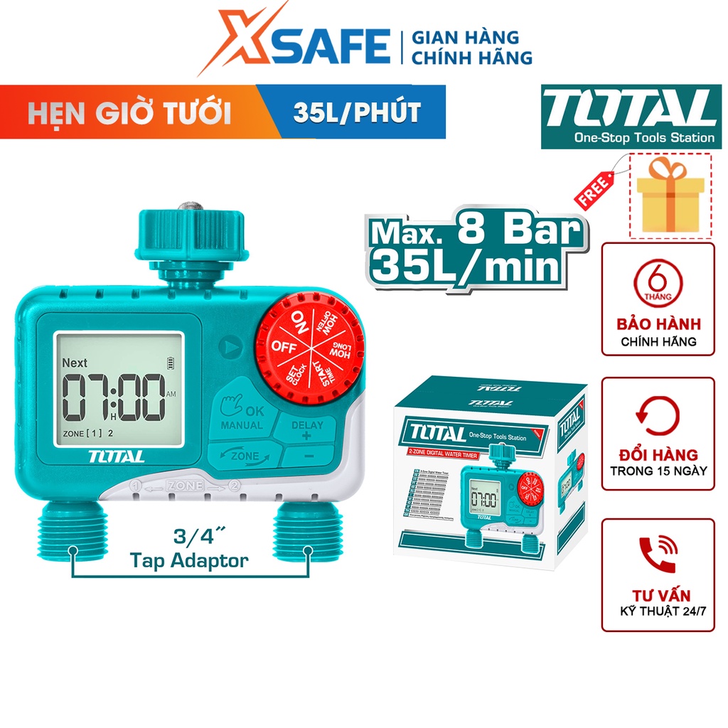 Bộ hẹn giờ tưới cây kỹ thuật số Total THHCQ9206 đồng hồ hẹn giờ tưới cây dùng pin van 3/4 inch IPX4, lưu lượng 35l/h